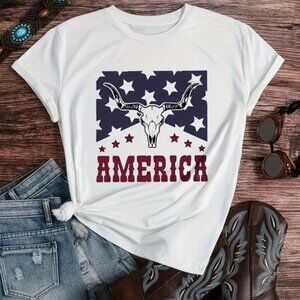 White Graphic Tee with American Flag Design